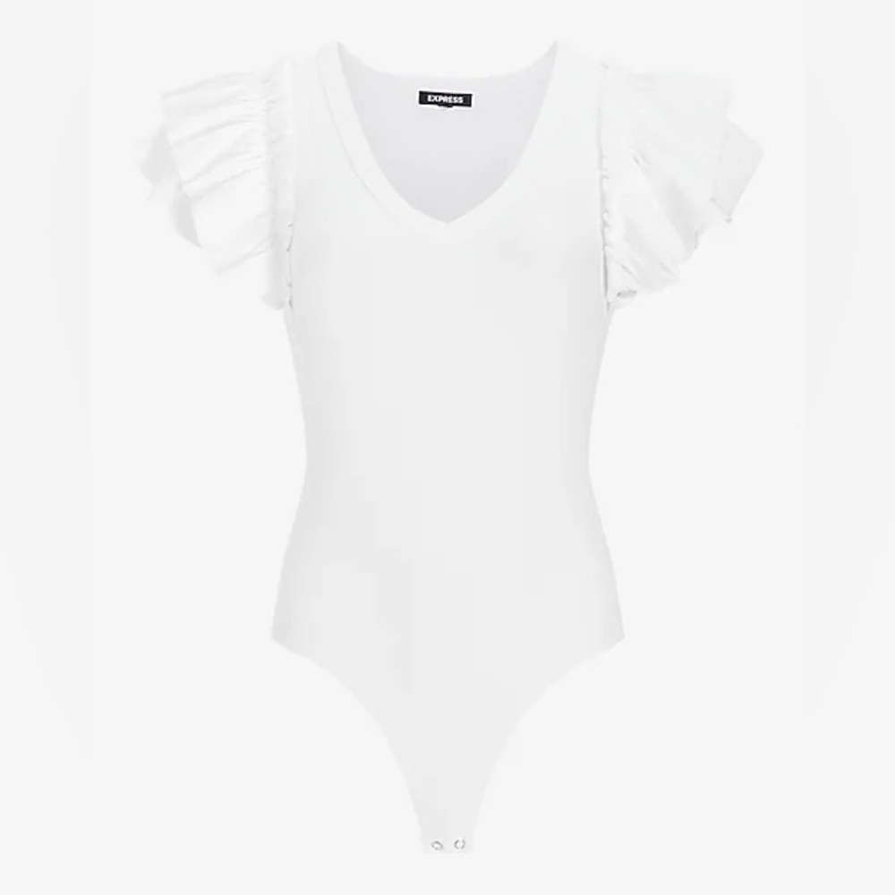Express Ribbed V-neck ruffled sleeve bodysuit, White, XS